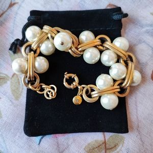 J. Crew Signed Heavy Brass Glass Pearl Link Chain Bracelet Lifesaver Clasp EUC